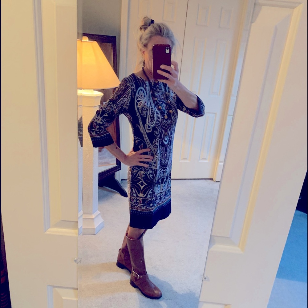 Chico’s long sleeve mini shift dress in multi-color mandala design